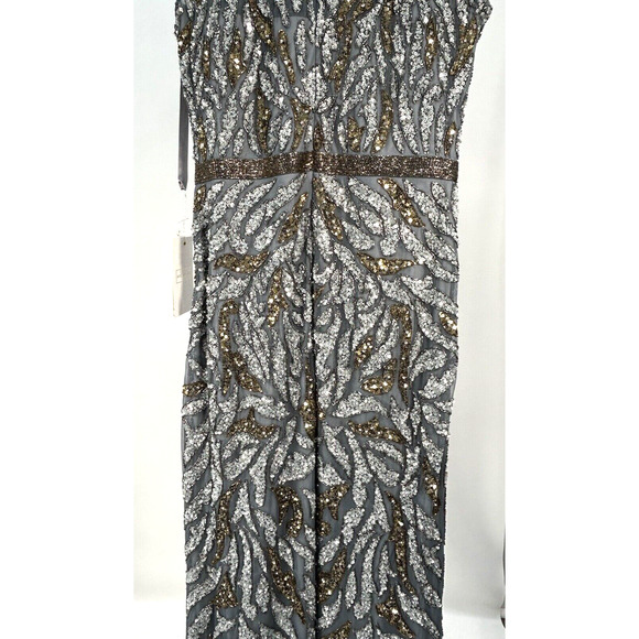 Mac Duggal Sz 10 Embellished Illusion Cap Sleeve Column Gown Platinum Gold 5532 - Picture 7 of 15